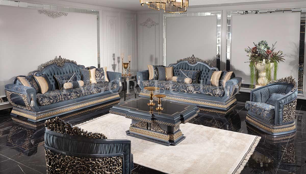 Piraye Blue Classic Sofa Set